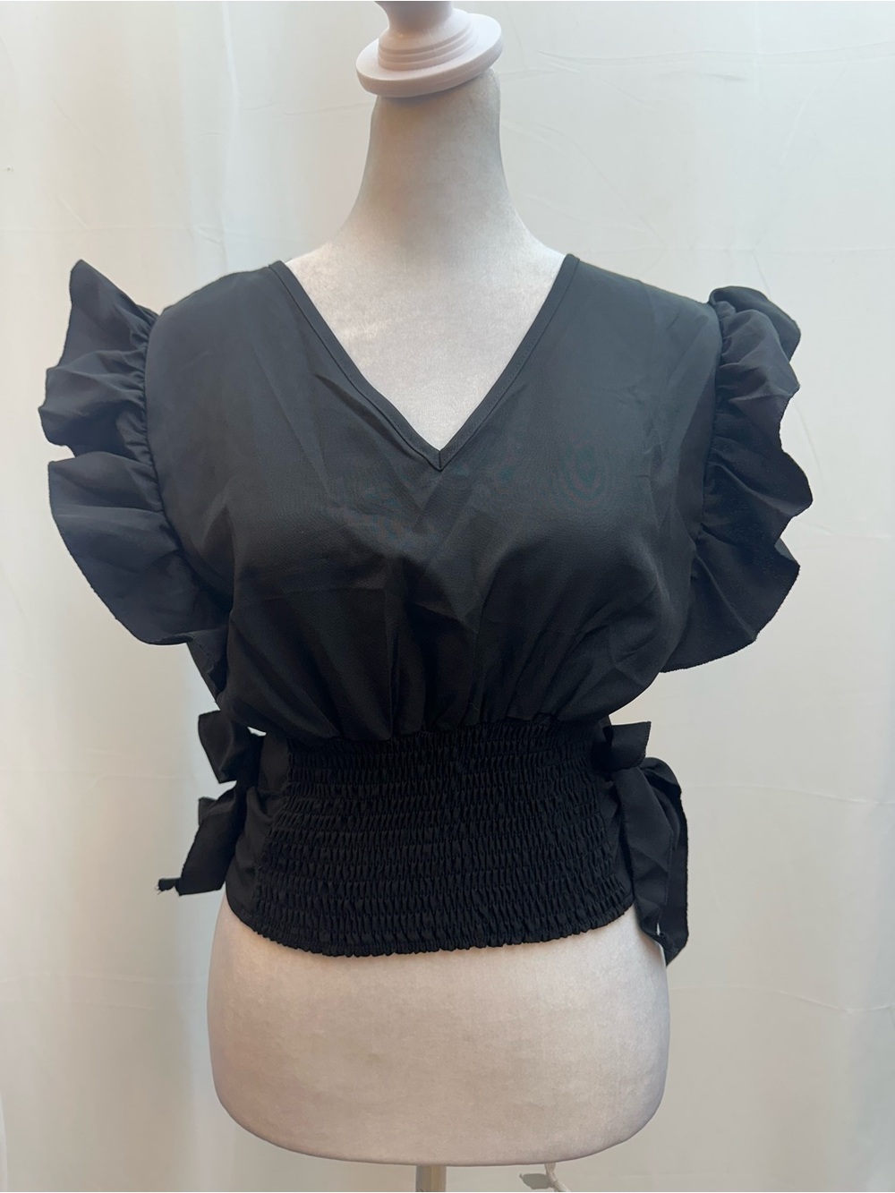 Lyaner Black V-Neck Ruffle Sleeve Smocked Waist Blouse S